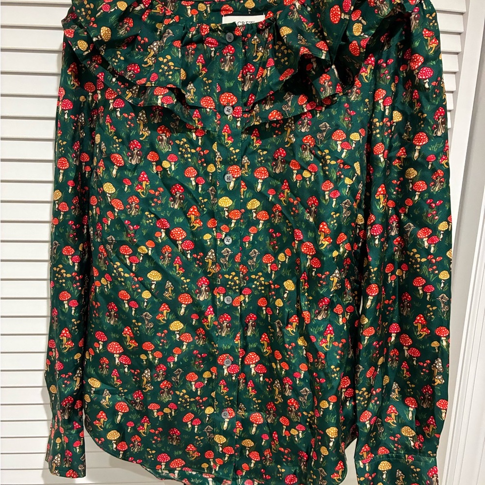 J. Crew Green Blouse with Colorful Mushroom Print